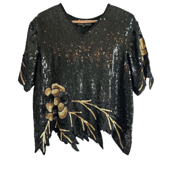 VTG Royal Feelings Medium Silk Beaded Sequined Black & Gold Floral Even Blouse - Picture 1 of 6